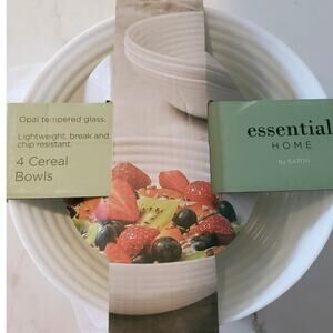 Essential Home Eaton 4 NEW Cereal Soup Bowls White Ribbed Opal Tempered Glass